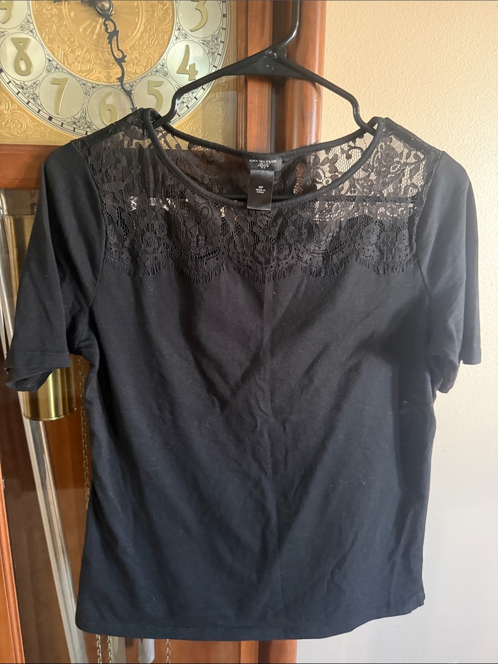 Ann Taylor Black Short-Sleeve Top with Lace Yoke